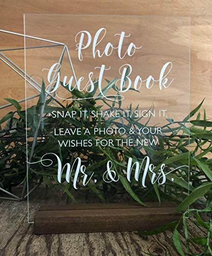 Wedding Photo Booth Sign: Wedding Guest Book Sign-in – Clear Acrylic Sign w/Weathered Oak Stain Wood Stand – Snap it, Shake it, Sign it – Handmade & Hand-Painted Sign Our Guestbook Message Sign