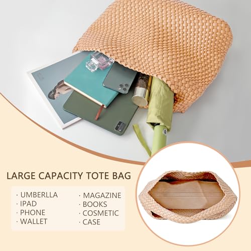 Image of Woven Tote Bag for Women, Fashion Woven Bags for Women Vegan Leather Shoulder Handbags Large Summer Beach Travel Bag
