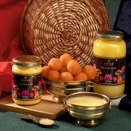 Image of Jivika Premium A2 Gir Cow Ghee 1Ltr|A2 Milk Tested|Vedic Bilona Method|Lab Tested|Pure Desi Cow Ghee|Hand Churned Two-Way Direction|Churned From Curd|Pure Ghee|Danedar|Glass Jar,1.1 Kilograms