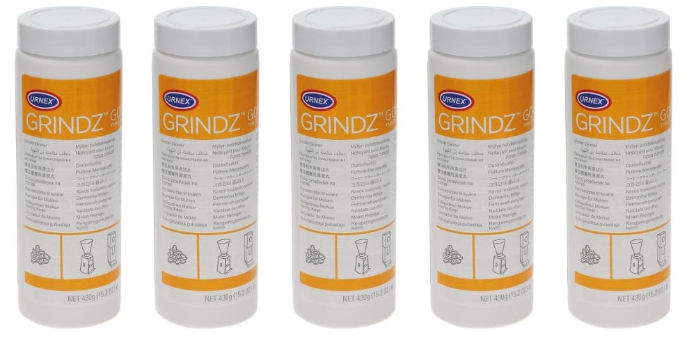 Urnex Grindz Kaffeemühlen Reiniger Reinigungsmittel für Kaffeemühle Mahlwerk Granulat zur Reinigung von Mahlscheiben Kaffeefettlöser passend für Mazzer Fiorenzato Iberital Casadio 5 dosen 430g