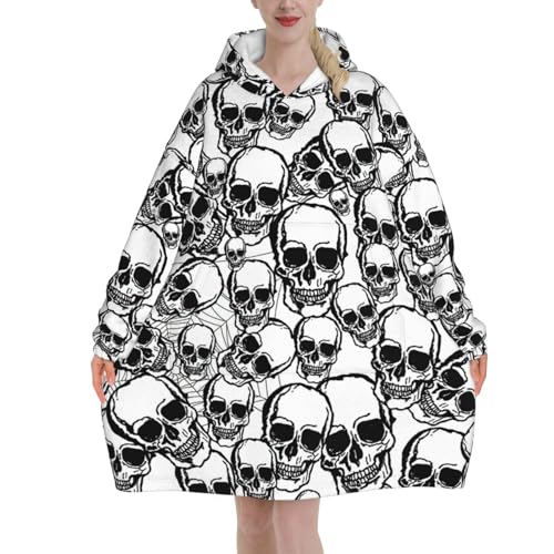 Manta de franela con estampado de calaveras en blanco y negro con capucha para adultos con bolsillo canguro para clima frío