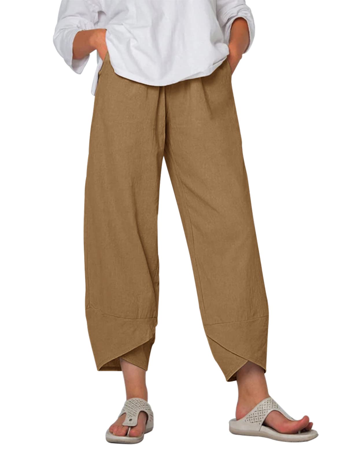Yuson Girl Pantaloni Donna Pantaloni Estivi Donna Leggeri Pantaloni Larghi Lino Vita Alta Pantalone con Tasche Pantaloni di Svago Panno di Lino da con Fascia Elastica