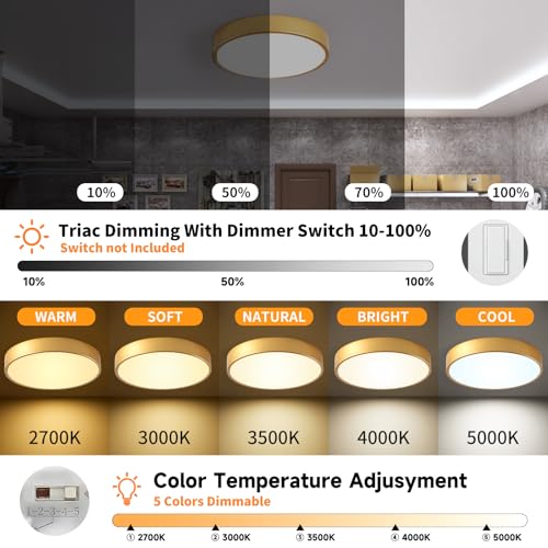 Image of Flush Mount Ceiling Light Fixtures Gold LED Dimmable 5CCT 12In 24W 2Pack