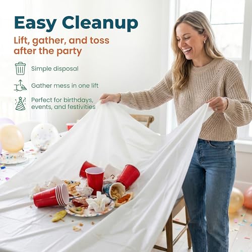 Image of Plastic Table Cloth, 5 Packs Disposable Tablecloth 54 X 108 Inch White Plastic Tablecloth for Rectangle Tables Tougher PEVA Table Cover for Party Decorations Picnic Graduation Camping Birthday