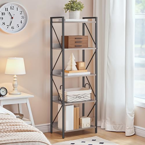 Image of HOOBRO Bookshelf, 5-Tier Industrial Bookcase, Book Shelf Storage Organizer, Tall Bookshelf with Metal Frame for Living Room, Bedroom, Home Office, Kitchen, Greige and Black BG73SJ01