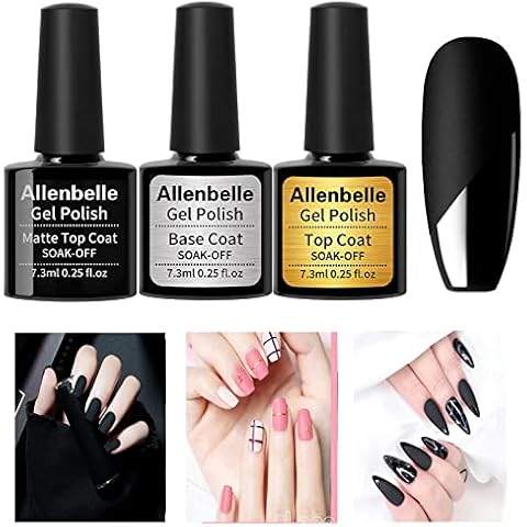 Allenbelle Gel Nail Polish Varnish Matte Top Coat and Base Coat Set Soak Off UV LED Lacquer Shine Mirror Effect Clear Resin Home Salon Use … Cover