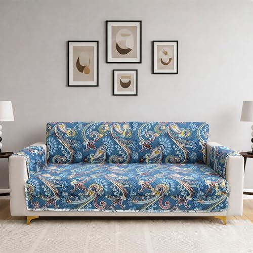 Image of Homerz Premium 6(3+2+1) Seater Quilted Reversible Sofa Cover Mat with Pocket Arms | Polyester Blend 350 GSM Full Coverage & Back Belt for Stability (Floraya, 6(3+2+1) Seater)