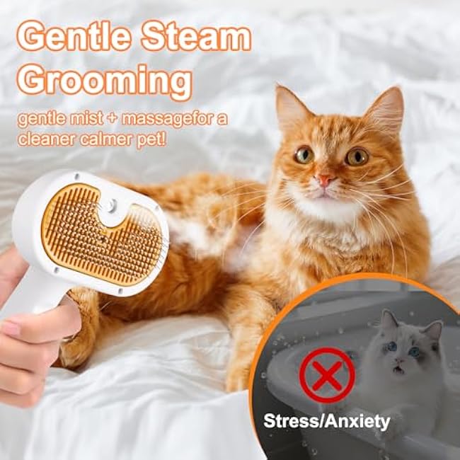 Cat Steam Brush, Pet Steam Brush for Cat & Dog, Mist Spray Comb, Spritz Defur Tool, Water Grooming Kit, Dog Hair Removal Steam Cleaner with Release Button Contains 1*Shampoo, Dental Wipes-ZLSoTutF