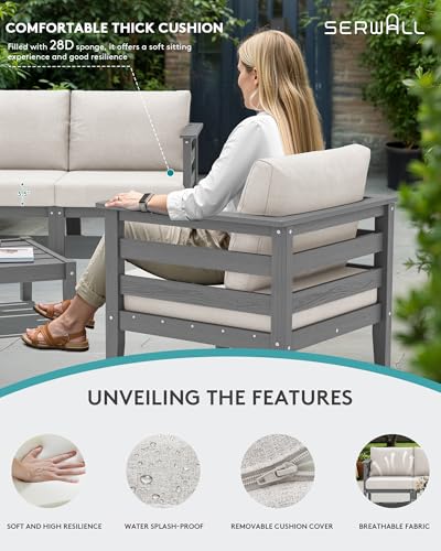 Image of SERWALL HDPE Outdoor Furniture Set, 10 Pieces Patio Sectional Sofa Set | All-Weather Wood-Like Outdoor Sofa Couch with Coffee Table, Modular Design for Flexible Combination