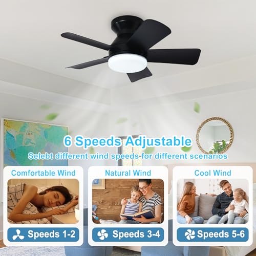 Image of Depuley Modern Ceiling Fan with Light: 25-Inch Black Small Fans for Bedroom Indoor Outdoor - Dimmable Low Profile Ceiling Fans with Remote Control Flush Mount 5 Reversible Black Blades 6 Speeds Timer