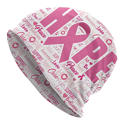 Breast Cancer Awareness Pink Ribbon Hope Beanie Chemo Hat Cancer Headwear Knitted Hats Baggy Slouchy Scarf Cap for Adults Women Men