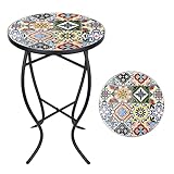VCUTEKA Mosaic Side Table, 21' Round End Table with 14' Ceramic Tile Top, Indoor Patio Accent Table for Yard, Garden, Living Room, Bistro Balcony or Lawn