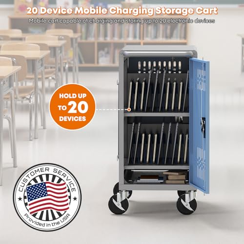 Image of Fully Assembled Laptop and Tablet Charging Cart for Up to 14 inch Screen Size - 20 Device Mobile Storage Cabinet Fits Chromebook, Tablet, Laptop, Suitable for Classroom, School & Office (Gray)