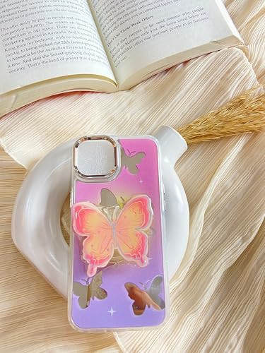 Image of COVERLY for iPhone 15 Pro Max 3D Luxury Butterfly Resin Stand Phone Case,Trendy Mirror Pop Cute Makeup Art Crystal Clear -Non Yellowing Love Heart Pearl Princess Cover for Apple iPhone 15 Pro Max