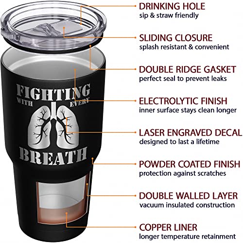 Inspired Silver - Fighting With Every Breath Lung Cancer Awareness - Stainless Steel Tumbler - Coffee Travel Mug - Engraved Tumbler - Double Insulated Tumbler - 30 Oz - Black #TOP4