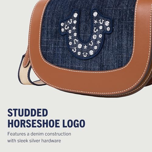 True Religion Studded Logo Flap Bag, Rhinestone Horseshoe Canvas Strap Shoulder Handbag, Denim3