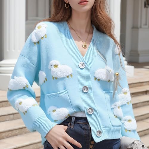 Image of FindThy Women's Kawaii Knitted Cardigan Long Sleeve Button Up Sheep Print Cute Sweater Cardigans