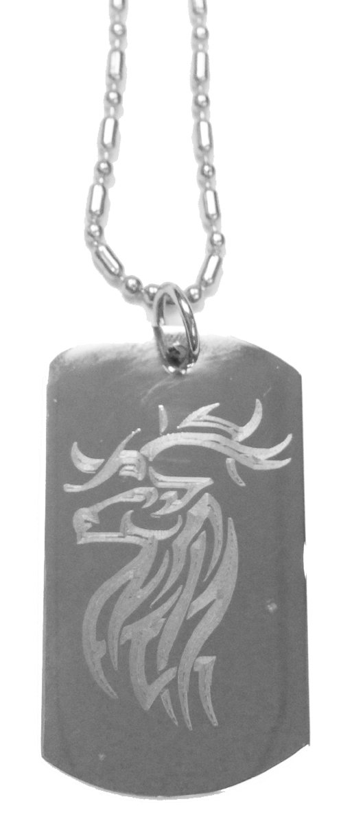 Hat Shark Tribal Elk Head w/Horns Side Head Profile - Luggage Metal Chain Necklace Military Dog Tag