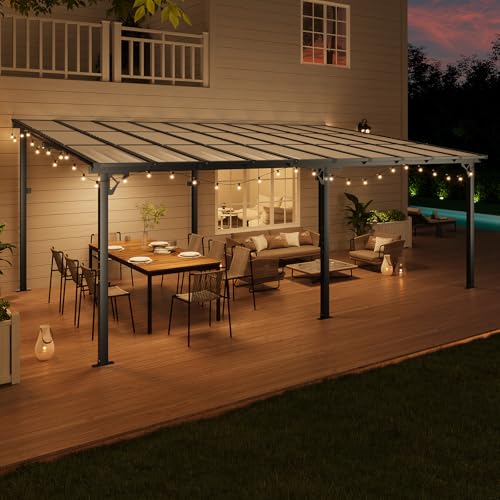 Image of 10x20FT Lean to Gazebo Pergola Patio Outdoor Pergolas Gazebos | Wall Mount Awnings with Sloped Roof Hardtop Gazebo with Aluminum Frame & Polycarbonate Panel for Backyard,Garden,Patio,Deck