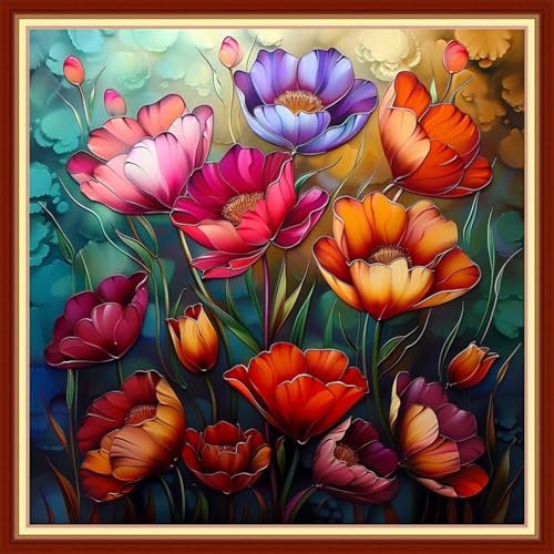 Image of Joyhoor Cross Stitch Kits for Beginners Stamped Cross-Stitch Supplies Needlework preprint Embroidery Kits for Adults DIY Needlepoint Kits Embroidery Patterns 11CT-Colorful Flowers 18x18 inchs