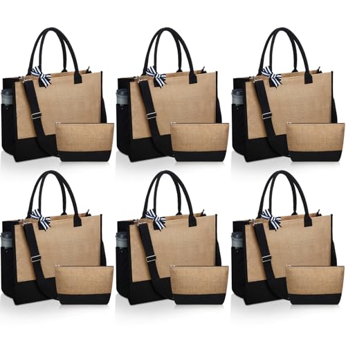 Sanwuta 12 Piece Burlap Tote Bags Bulk Jute Tote Bag with Handles Burlap Gift with Adjustable Strap for Women Travel Beach Shopping Bridesmaid DIY Gift