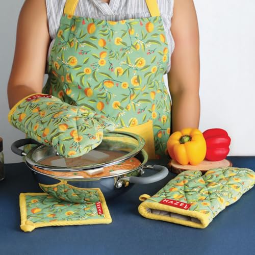 Image of HAZEL Cotton Kitchen Apron with Front Pocket | Adjustable Neck Strap & Tie Back | Reusable Cooking, Baking & Cleaning Apron for Men & Women (Yellow & Green)