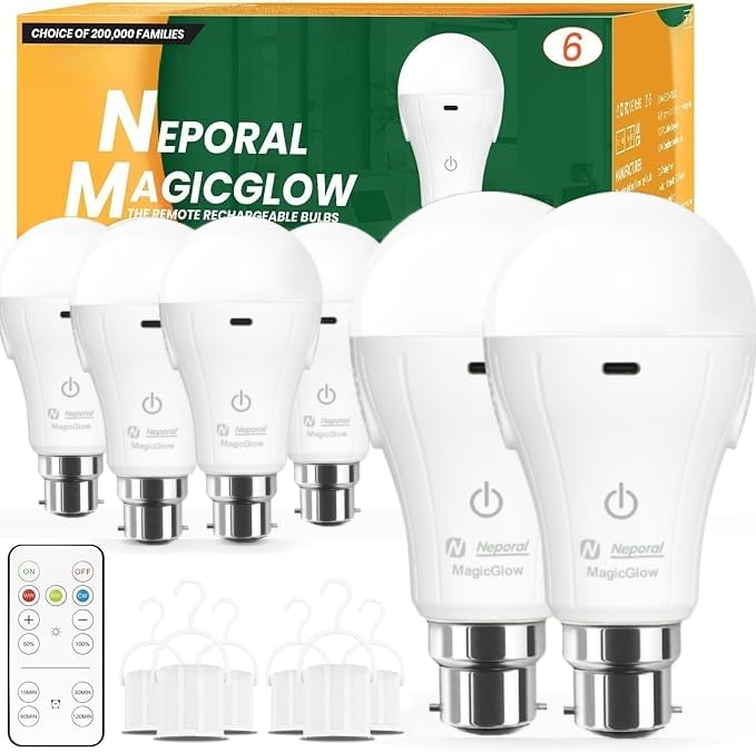 Neporal MagicGlow Rechargeable Light Bulbs with Remote, 3-Color Shift + Stepless Dimmable, USB Rechargeable 2000mAh Battery Light Bulb Up to 24H, A19 Emergency LED Light Bulbs (B22 Bayonet Fitting, 6)