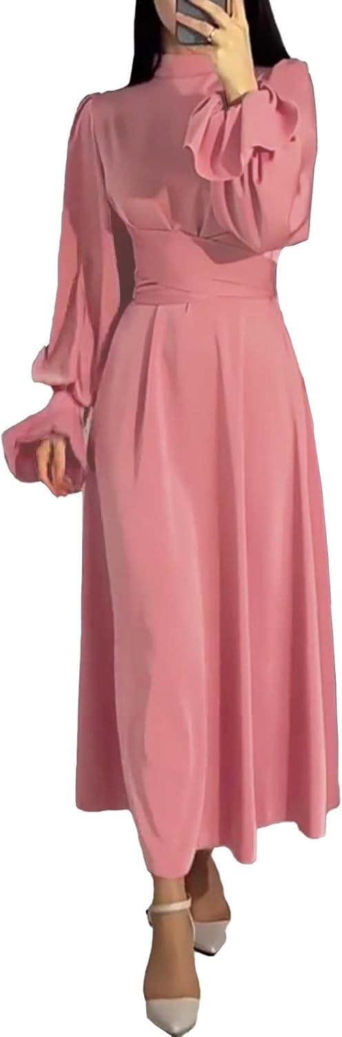 xxxiticat Women's Green Satin Dress Long Lantern Sleeve Mock Neck Puff Shoulder Tie Waist Pleated Cocktail Maxi Slip Dresses