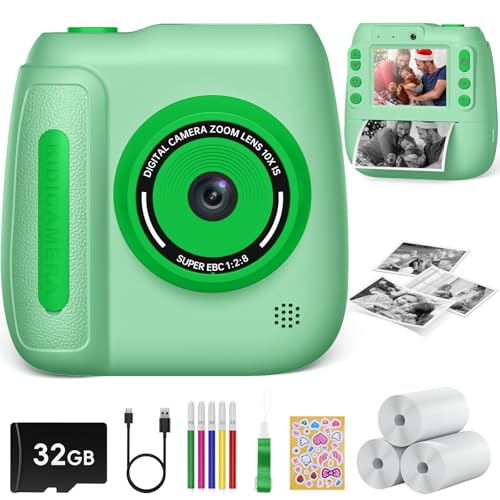 Hangrui Camara Fotos Infantil Instantanea, 2,4 Pulgadas Camara Fotos Infantil con Tarjeta de 32G, Cámara Instantánea para Niños con Papel de Impresión y Bolígrafos de Colores, Regalos Juguete-Verde