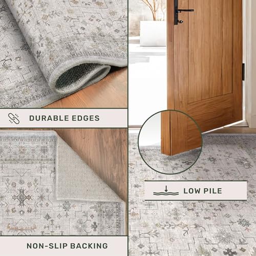 Image of Washable 2x3 Throw Rugs for Entryway, Front Door Mat, Low Pile Non-Slip Small Area Rugs for Kitchen, Bathroom, Powder Room, Mudroom, Neutral Light Gray & Sage with Floral Accent