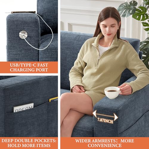 Image of Ihanherry 2-Seater Couch with Extra Large Sofa Seat Width & Depth, USB /Type-C Charging Port & Side Pocket, Modern Sofa for Living Room, Removable Medium Firm Cushion, Breathable Chenille(89inch, Blue)