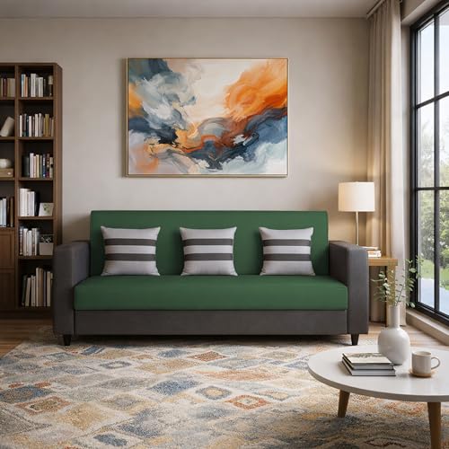 Image of Casaliving Amara 3 Seater Sofa Set for Living Room (Black Green Colour Fabric) Premium Fabric Sofa