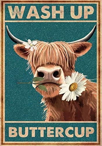 LINQWkk Metal Tin Retro Sign Wash Up Buttercup Metal Poster Cow Metal Poster Funny Cow Wall Art Bathroom Hanging Decor Home Decor Funny Toilet Metal Sign Bathroom 8X12Inch