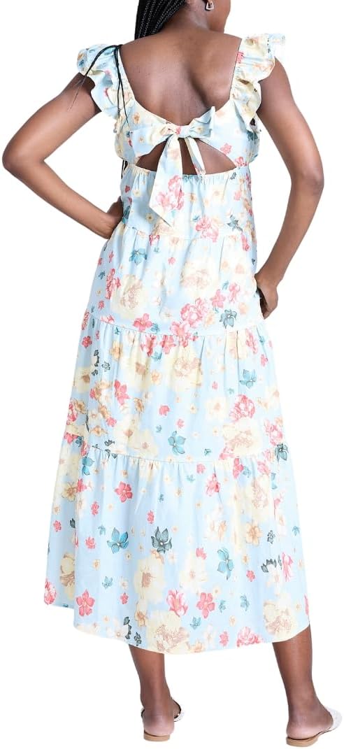Motherhood Maternity Women's V-Neck Babydoll Ruffle Sleeve Tie-Back Maternity Maxi Pregnancy Dress