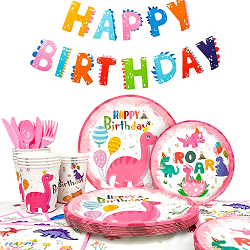 Dinosaure Articles de Fête pour Fille,126pcs Ensemble de Vaisselle de Fête Dinosaure Rose-Assiette Dinosaure Rose Tasses Serviettes Nappes Bannières etc Décorations de Fête de Dinosaure Aquarelle Cover