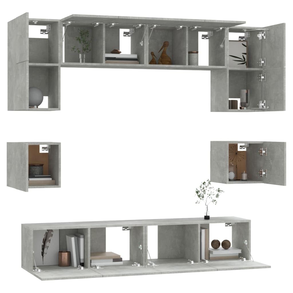 8-TLG. TV-Schrank-Set Betongrau, Holzwerkstoff, Wandmontage, Stauraum für Wohnzimmer, Media Center, modernes Design