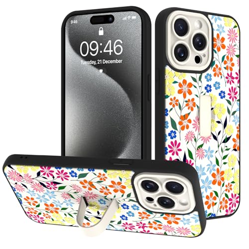 Image of for iPhone 15 Pro Max Case with Finger Strap Holder, Cute Colorful Floral Flower Print Pattern Design for Women Girls, Shockproof Anti Scratch Hand Kickstand Protective Cover, White