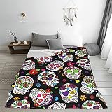 Halloween Day of The Dead Sugar Skull Black Throw Blankets for Bed Blanket Decorative for Adult and
