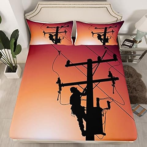 Erosebridal Lineman Spannbettlaken Jungen Herren Elektriker Lineman Silhouette Druck Bettwäsche Doppelgröße Europäischer Stil Spannbetttuch Cover