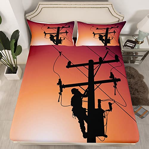 Erosebridal Lineman Fitted Sheet Boys Men Electrician Lineman Silhouette Print Bedding Twin Size European Style Fitted Bed Sheet for Men Teens Soft Bedding with 1 Pillowcase