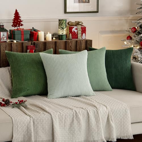 MIULEE Boho Farmhouse Sage Green Throw Pillow Covers 18x18 Inch Set of 4 Mordern Nordic Cushion Covers Soft Corduroy Spring Home Decor for Couch Bed Sofa Living Room Forest Green