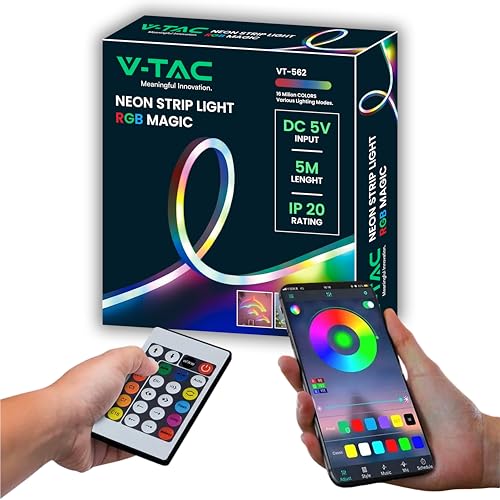 V-TAC Tira LED Magic Smart RGB de 5 metros, 16 millones de colores, mando a distancia y aplicaciones, fuente de alimentación USB, 5 V, 3 W/m, 30 leds/m, para casa, dormitorio, sala de estar, interior