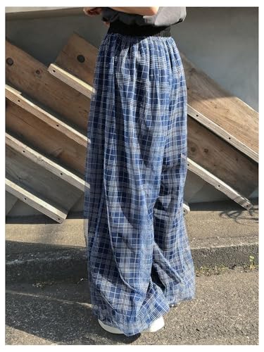 MakeMeChic Women's Plaid Print Baggy Pants Elastic Waisted Wide Leg Y2K Trousers3
