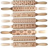 GPPZM 8 Pcs Rolling Pin With Pattern, Christmas Rolling Pin Wooden Carving Embossed Rolling Pin Cook