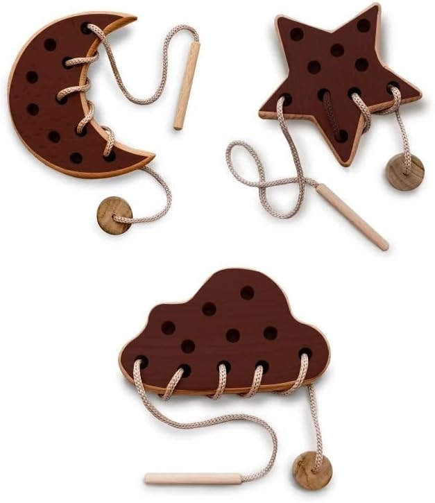 XSOURCE Wooden Lacing Toy for 2 Years Todller Skills Development Toy for Toddlers Montessori Materials for Learning Sewing Kit for Kids Montessori Toys (Cloud Moon Star Combo, Brown)