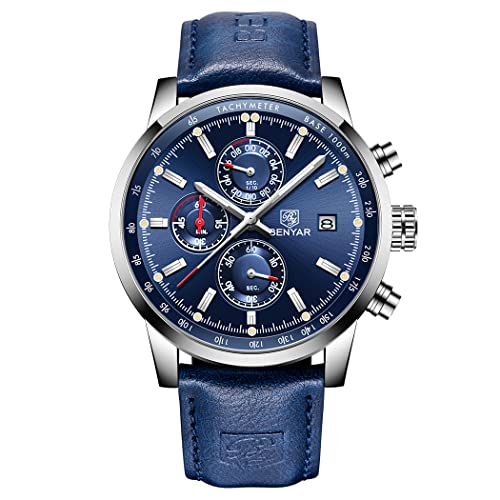 BENYAR Mouvement à Quartz Étanche Chronographe Montres Affaires et Sport Design Bracelet en Cuir Montre-Bracelet pour Hommes Cover