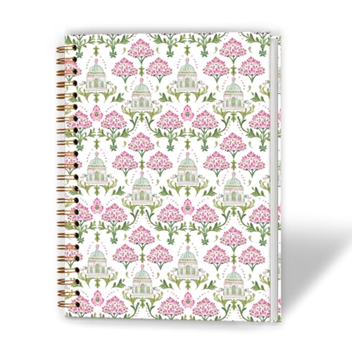 Qykwz Indian Block Print Inspired Pink Floral Spiral Notebook 5.5x8.3, Retro Spring Flower Journal for Women, Green and Pink Flower Grandmillennial Hardcover Notebook Journal