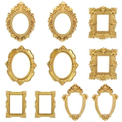 Ajcotahm 10 PCS Vintage Mini Gold Frames Small Picture Frames Tiny Antique Resin Photo Frame for DIY Jewelry Display Holiday Party Photography Wall Hanging Decor