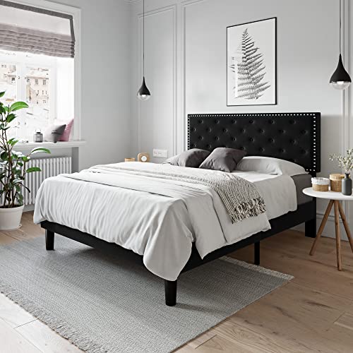 Allewie Queen Size Bed Frame, Velvet Upholstered Platform Bed With Adjustable Diamond Button Tufted & Nailhead Trim Headboard, Wood Slat Support, Easy Assembly, No Box Spring Needed, Black #TOP1