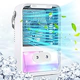 Aire Acondicionado Portatil, Mini Aire Acondicionado Portatil Silencioso, 5 en 1 Climatizador Evaporativo, Enfriador de Aire, 3 Velocidades, 2 Modos de Pulverización, LED de 7 Colores, con Asa